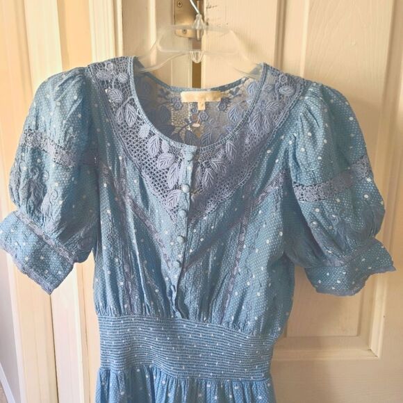 LoveShackFancy Jaislyn Blue Floral Lace Tiered Cotton Dress Size XS - Picture 4 of 11